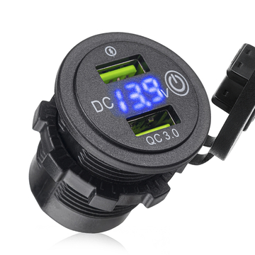 Разъем USB в авто врезной с вольтметром ElectroKot - розетка 2 USB QC3.0 быстрая зарядка с кнопкой синяя подсветка