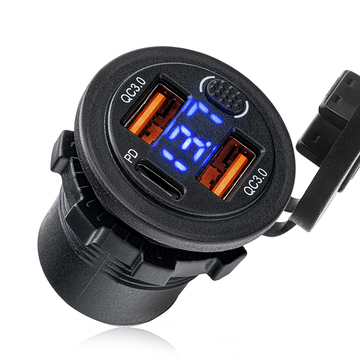 Разъем USB в авто врезной ElectroKot - розетка 2 USB QC3.0 + Type-с быстрая зарядка с кнопкой синяя подсветка