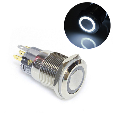 Кнопка антивандальная водонепроницаемая с фиксацией 5 pin 12В 3А 19 мм - белая подсветка