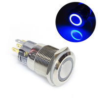 Кнопка антивандальная водонепроницаемая с фиксацией 5 pin 12В 3А 19 мм - синяя подсветка